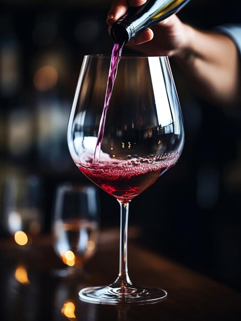 barman versant du vin rouge d'une bouteille dans un verre de vin point de vue sélectif sur un verre de vin