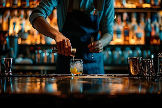 Un barman versant un verre dans un bar.