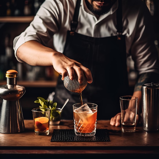 Un barman verse un cocktail dans un verre.