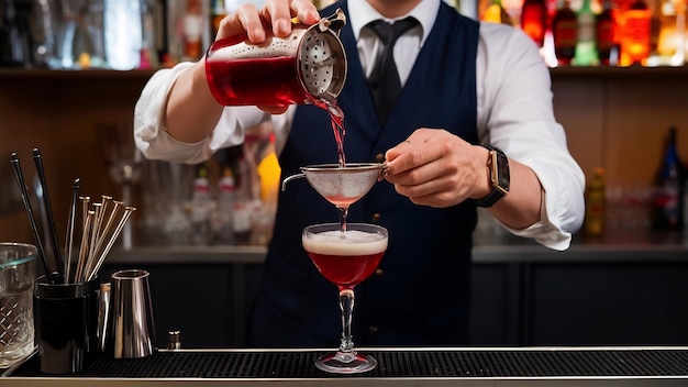 Le barman verse du cocktail à travers le tamis à cocktail.