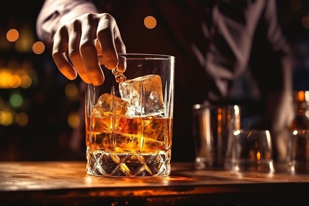 Le barman verse du whisky dans un verre avec de la glace sur le comptoir du bar en gros plan Arrière-plan flou Boisson alcoolisée Elite