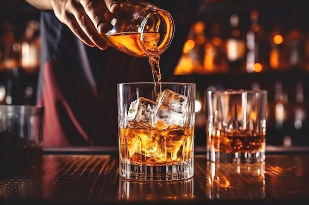 Le barman verse du whisky dans un verre avec de la glace sur le comptoir du bar en gros plan Arrière-plan flou Boisson alcoolisée Elite