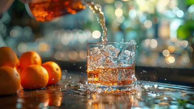 Photo les barmans versent une délicieuse boisson alcoolisée rafraîchissante, un cocktail de whisky.