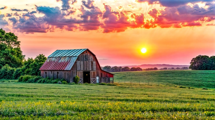 Photo barn au milieu du champ avec le coucher du soleil en arrière-plan