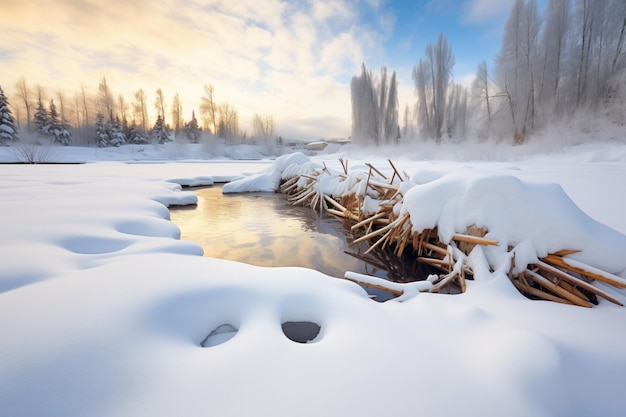 Un barrage de castors couvert de neige en hiver