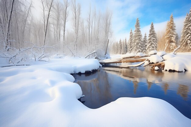 Barrage de castors recouvert de neige en hiver