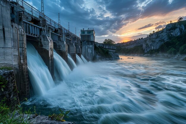 Un barrage hydroélectrique à la lumière douce de l'aube l'eau qui coule symbolisant la génération d'énergie renouvelable