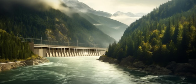 Barrage hydroélectrique sur une rivière et forêt sombre dans de belles montagnes