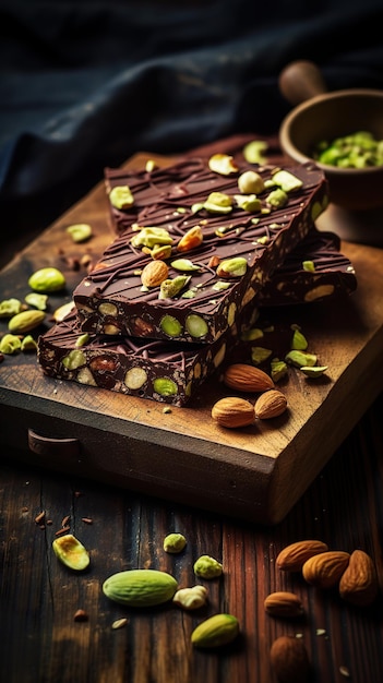 Barre de chocolat avec des amandes et des pistaches