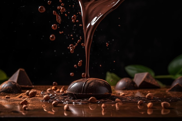 Une barre de chocolat avec des chocolats qui y coulent