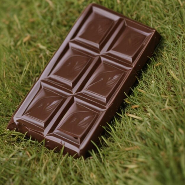 une barre de chocolat est posée sur l'herbe