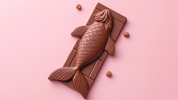 Une barre de chocolat en forme de poisson Le poisson est allongé sur le côté avec ses nageoires déployées La barre de chocolet est sur un fond rose