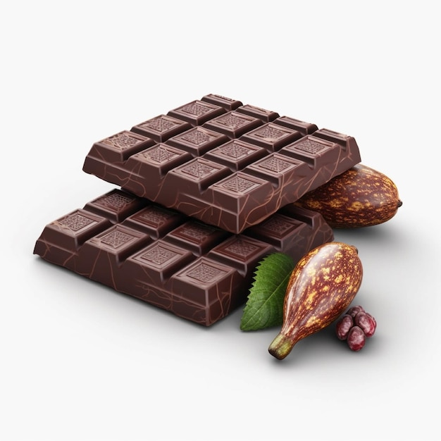 Barre de chocolat et fruit de cacao sur fond blanc généré par l'IA