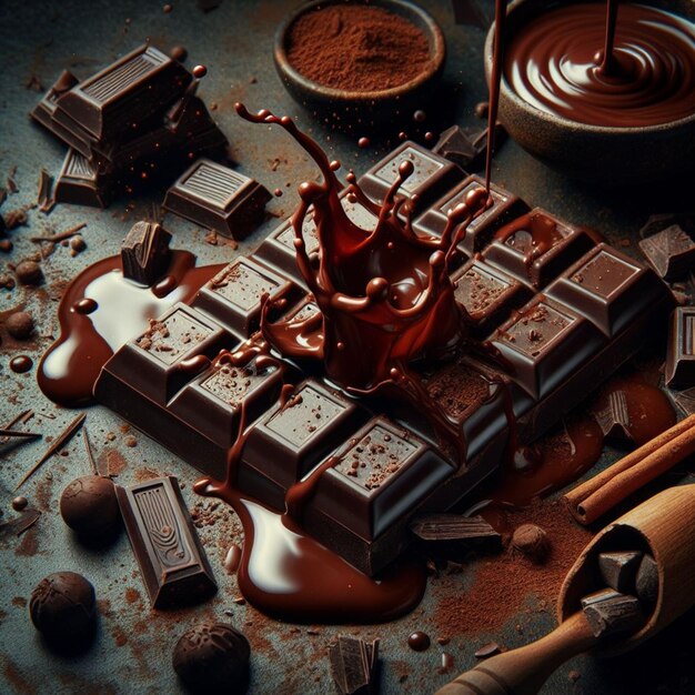 Une barre de chocolat noir avec des éclaboussures et des éclamoussures de chocolat fondu