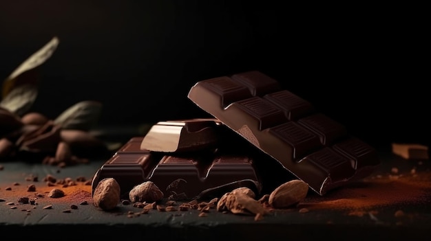 Une barre de chocolat noir est présentée dans une pièce sombre.