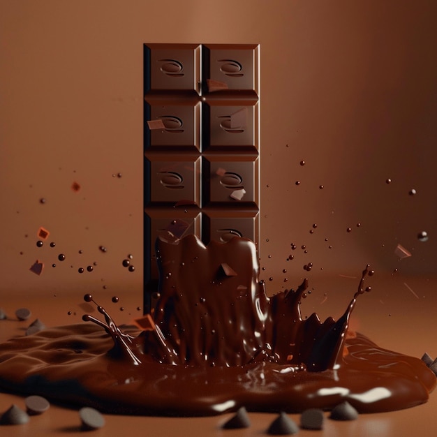 Une barre de chocolat verticale avec une subtile touche de chocolat fondu sur la base 3D