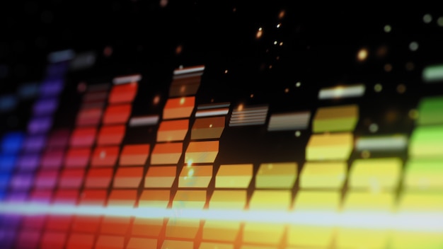Barre d'égaliseur de musique. Égaliseur de forme d'onde audio sur fond noir d'écran. Musique ou onde sonore sur le moniteur. abstrait de visualiseur sonore coloré. graphique musical à spectre dégradé. Le graphique numérique brille dans le noir.