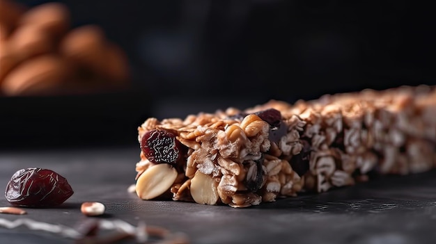 Barre granola sur une table grise fond sombre gros plan ai générative