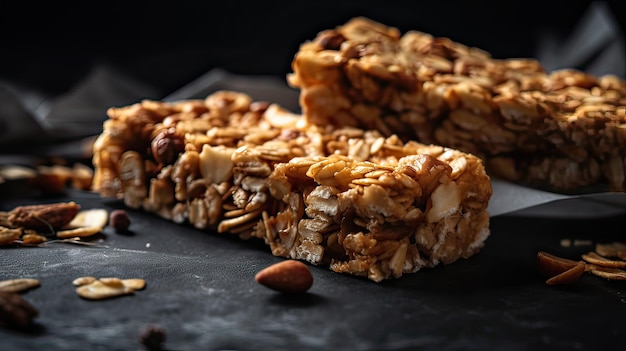 Barre granola sur une table grise fond sombre gros plan ai générative