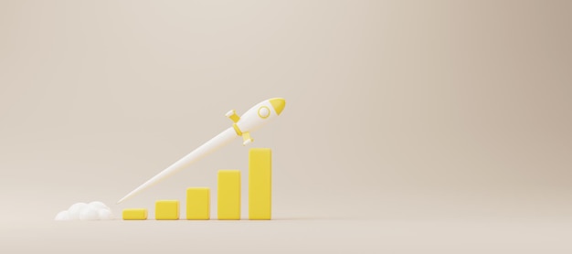 Barre graphique en croissance avec fusée montante en mouvement vers le haut. Démarrez le développement des affaires vers le succès et le concept de croissance croissante. illustration de rendu 3d