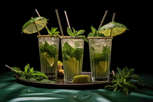 Une barre de mojitos colorée au bord de la piscine créée avec l'IA générative