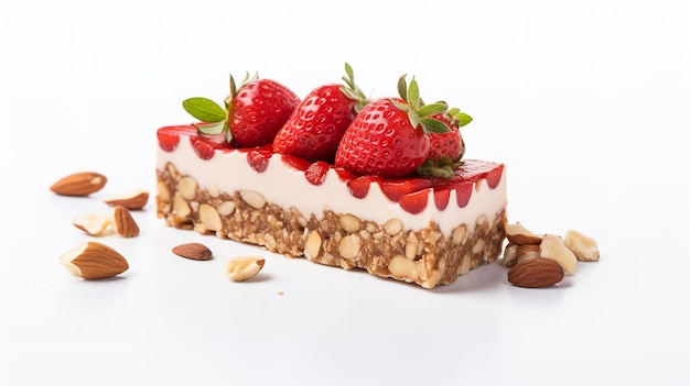 Barre de noix de fruit isolée sur un fond blanc propre avec des fraises et des noix IA générative