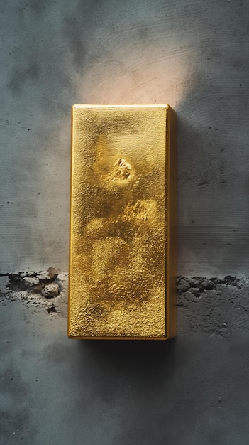 Photo une barre d'or brillante à la texture rugueuse est posée sur une surface en béton éclairée d'en haut.