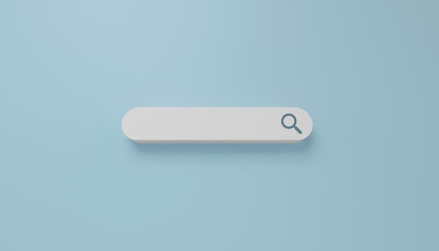 Barre de recherche minimale en blanc sur fond bleu. notion de recherche sur le Web. Rendu 3D