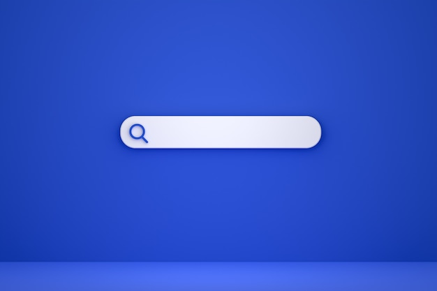 Barre de recherche et recherche d'icônes rendu 3d design minimal sur fond bleu