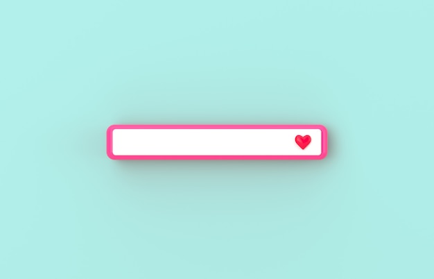 Barre de recherche vierge 3d rose avec icône coeur sur fond isolé.