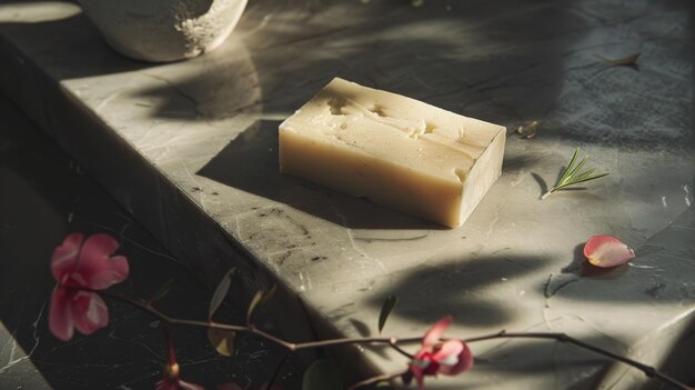 Une barre de savon artistique sur une surface en béton éclairée par le soleil avec des fleurs délicates