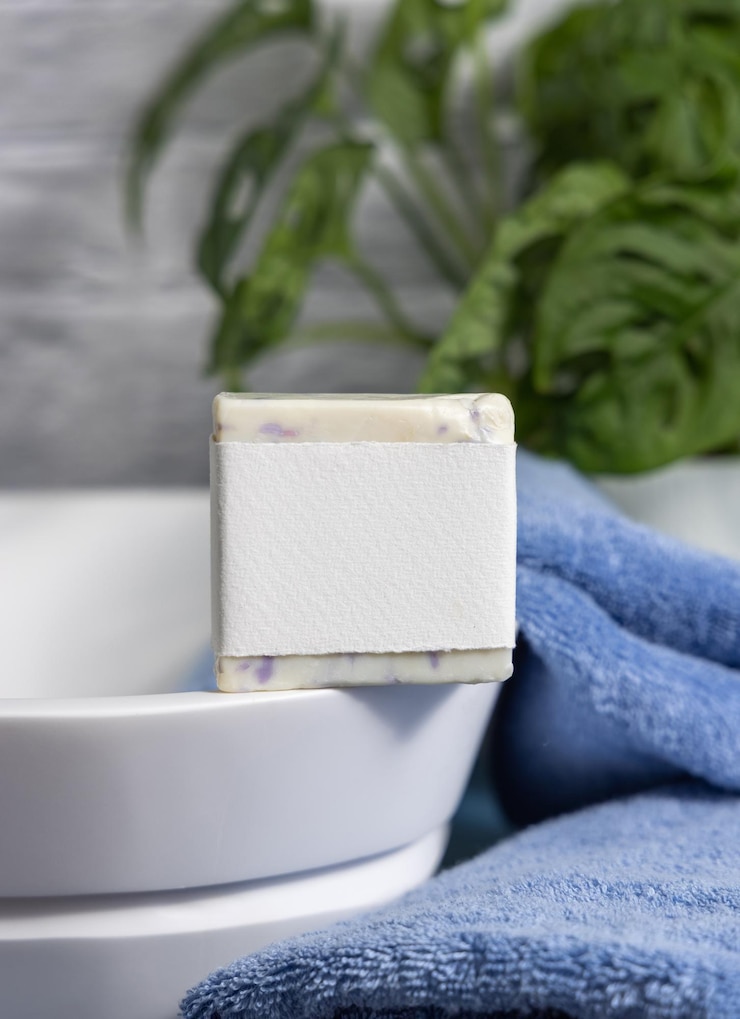 Photo une barre de savon avec une étiquette blanche sur l'évier du récipient près des serviettes bleues et de la moquette de plante verte