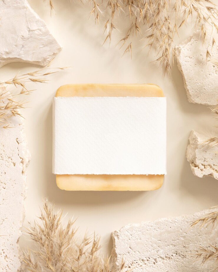 Photo une barre de savon avec une étiquette blanche près de pierres beige et d'une maquette d'herbe de pampas séchée.