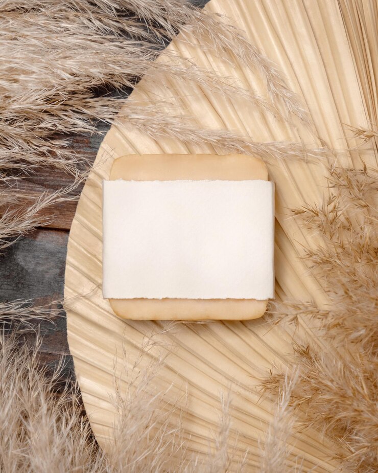 Photo barre de savon avec étiquette vierge sur feuille de palmier séchée près de la vue de dessus de l'herbe de la pampa maquette d'étiquette