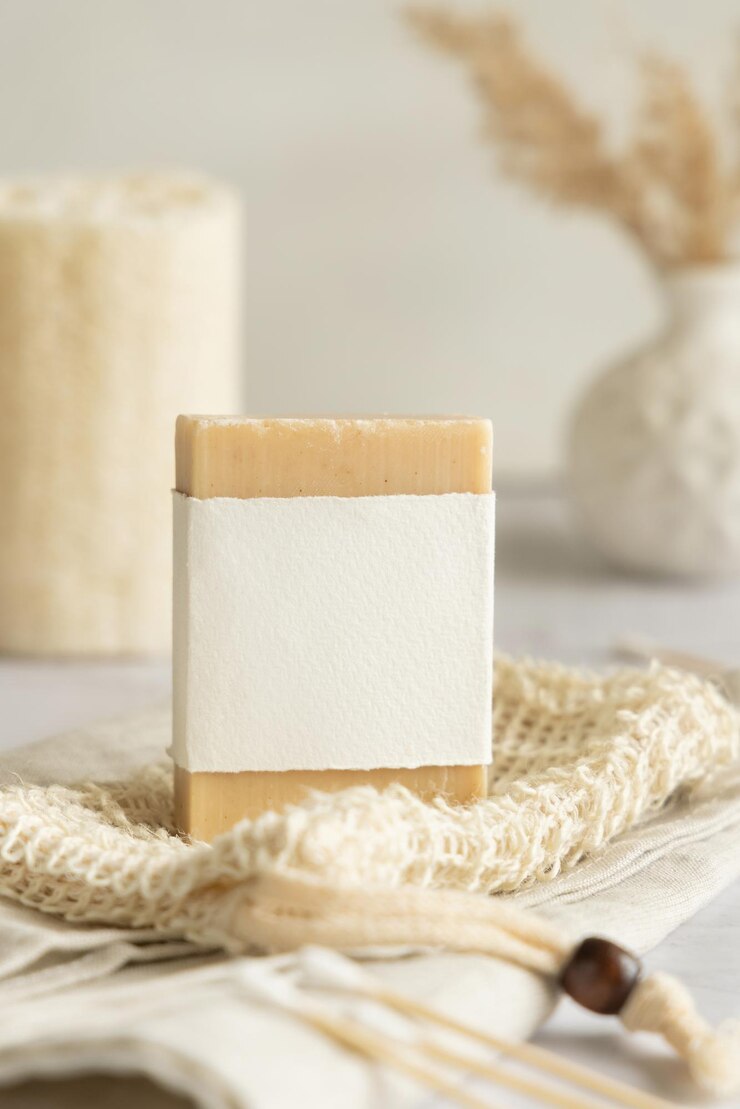 Photo barre de savon faite à la main beige avec étiquette vierge sur sac d'épargne de savon sur maquette d'emballage de table en bois