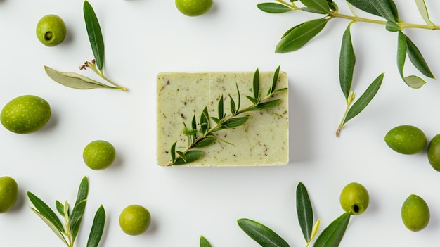 Barre de savon naturel olives et feuilles de plantes sur fond blanc