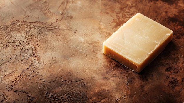 Barre de savon posée sur une surface brune texturée