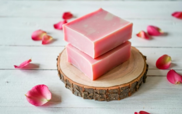 Barre de savon rose faite à la main sur une plate-forme ronde en bois clair Arrière-plan avec des pétales de rose vibrants