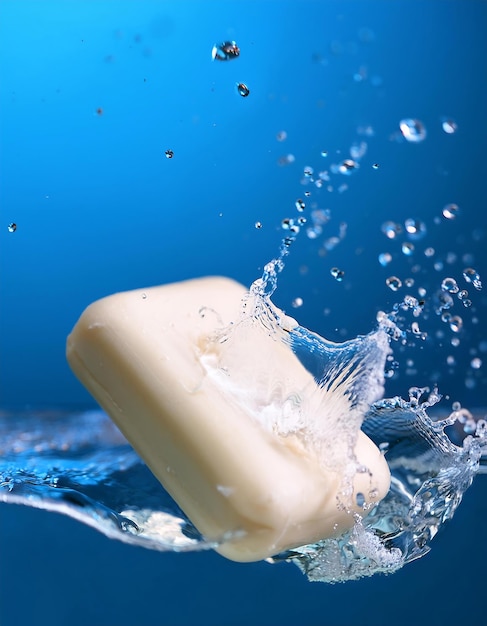 une barre de savon tombant dans l'eau avec un fond bleu et des bulles d'éclaboussure