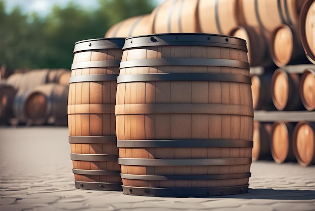 Barrels en bois avec des cerceaux en fer