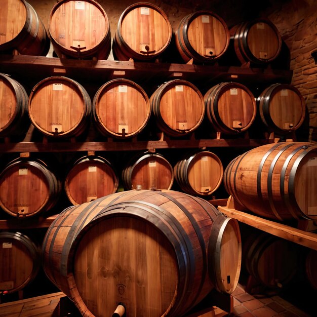 Photo barrels de vin stockés dans l'entrepôt de la cave dans le cadre du processus de brassage