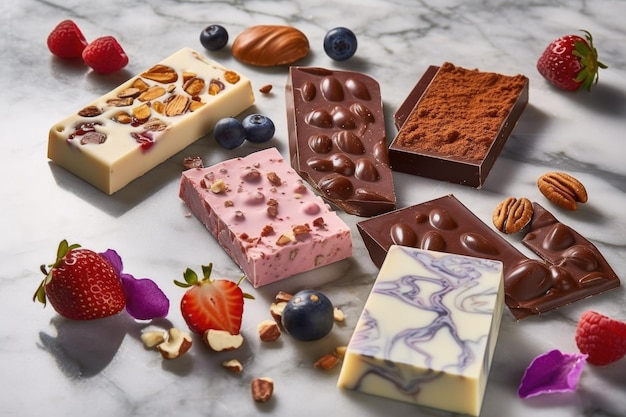 Barres de chocolat avec diverses garnitures gourmet sur surface de marbre créées avec de l'AI générative