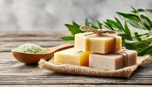 Barres de savon naturel fait à la main et branche avec des feuilles vertes Produit biologique de soins personnels Spa