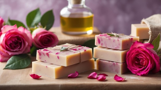Des barres de savon naturelles faites à la main avec de l'huile de roses spa produit biologique