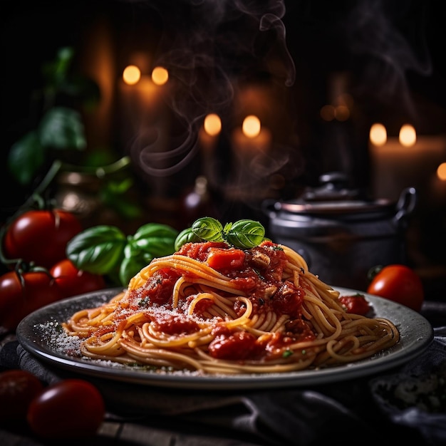 Barres de spaghetti salées Un délicieux plat de déjeuner avec des tomates et de la sauce