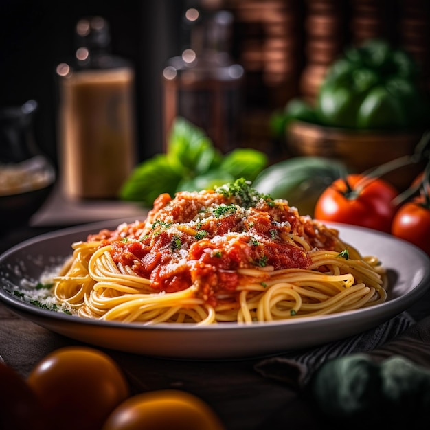 Barres de spaghetti salées Un délicieux plat de déjeuner avec des tomates et de la sauce