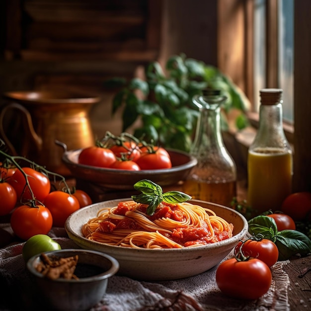 Barres de spaghetti salées Un délicieux plat de déjeuner avec des tomates et de la sauce