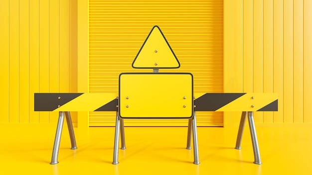 Photo barrière en bois avec panneau carré vide et panneau triangulaire vide placé devant la porte coulissante jaune rendu 3d