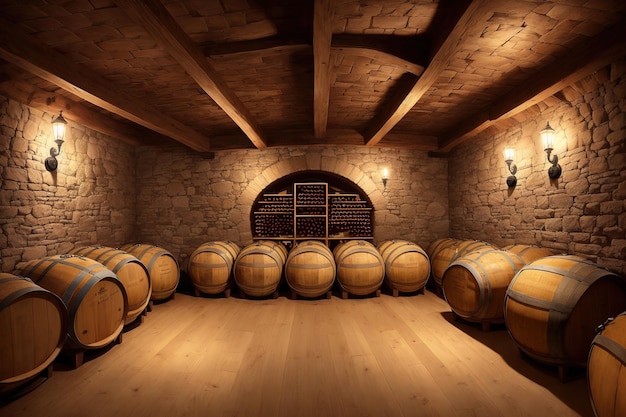 Barriques dans une cave à vin avec un mur de briques et un mur de briques.