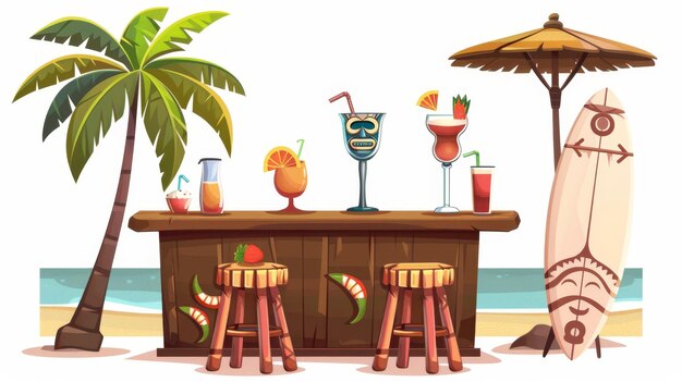 Photo des bars sur la plage isolés sur un fond blanc illustration de dessin animé moderne d'un pub africain inspiré du tiki café hawaïen avec des cocktails d'alcool sur le comptoir et une planche de surf sous un palmier